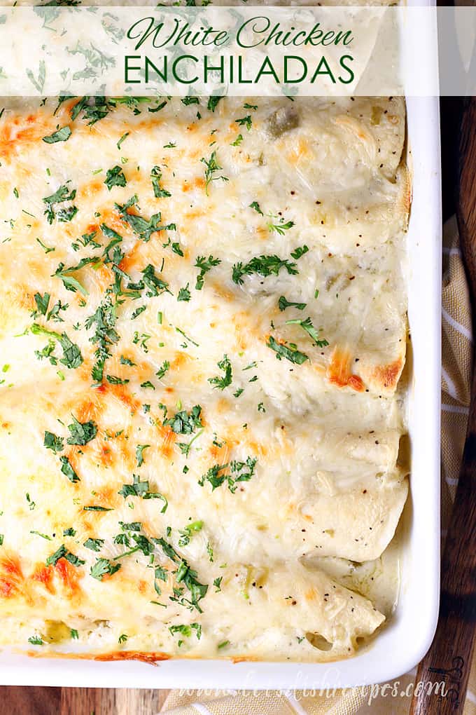 White Chicken Enchiladas With Green Chile Sour Cream Sauce Let S Dish Recipes