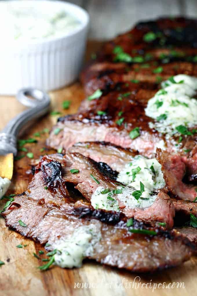 Marinated Grilled Flank Steak with Herb Gorgonzola Butter