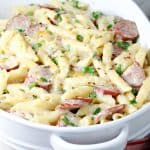Baked penne pasta in Alfredo sauce with smoked sausage.