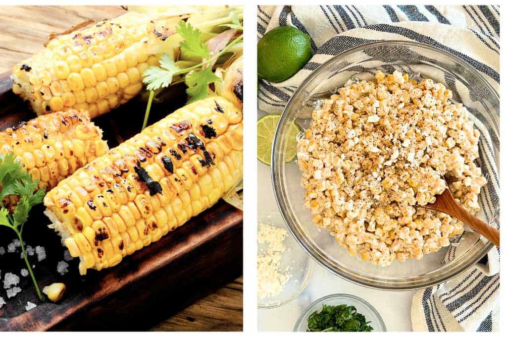 Grilled corn, stirred in bowl with ingredients for Mexican Street Corn.