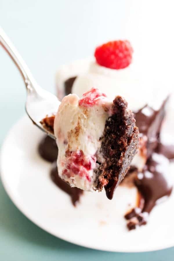 Fudge Brownie No-Bake Raspberry Cheesecake