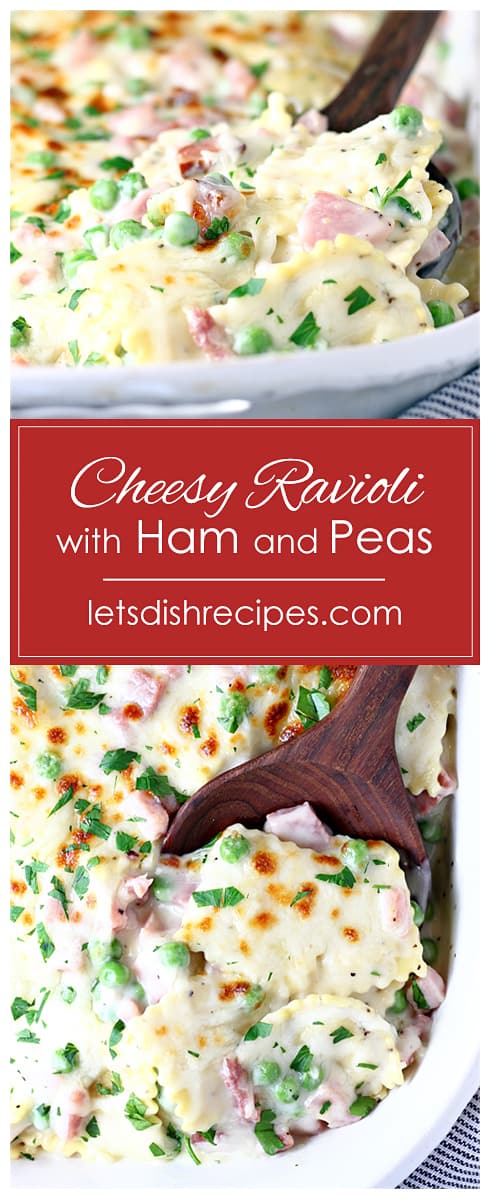 Cheesy Ravioli with Ham and Peas