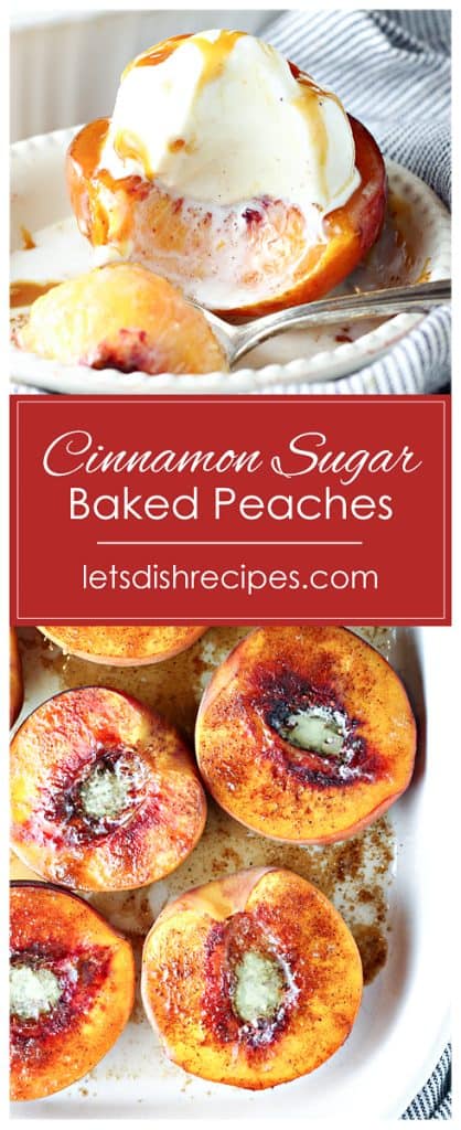 Peaches are halved, sprinkled in brown sugar and spices, then baked and topped with vanilla ice cream.