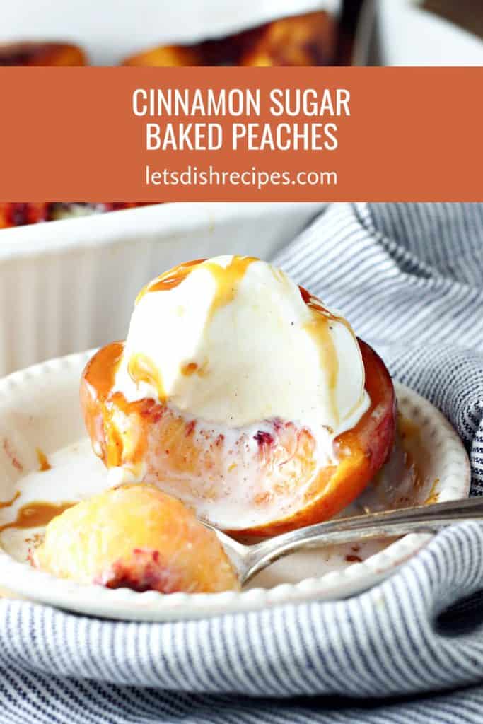 Peaches are halved, sprinkled in brown sugar and spices, then baked and topped with vanilla ice cream.
