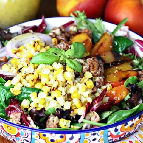 Grilled Corn and Peach Salad with Candied Pecans
