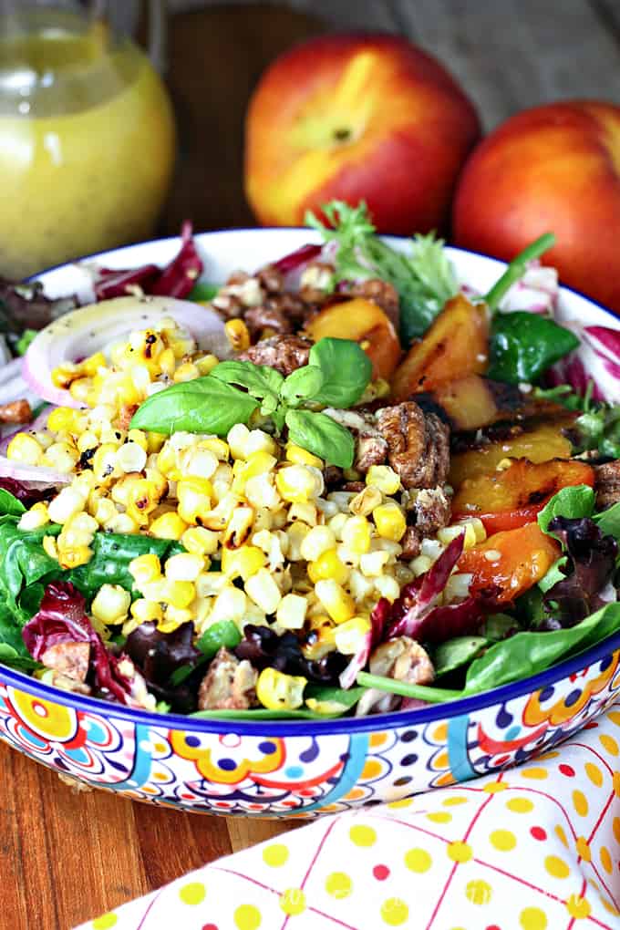 Grilled Corn and Peach Salad with Candied Pecans