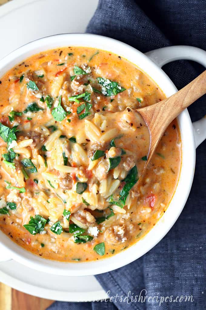 Sausage Orzo and Spinach Soup