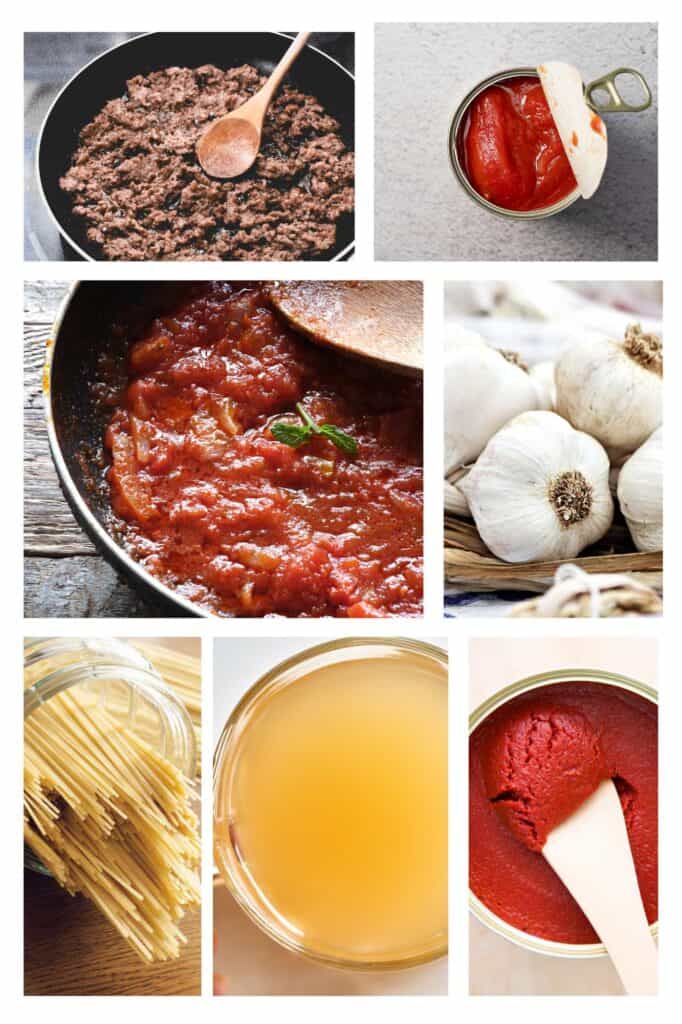 Collage of ngredients for homemade spaghetti sauce.