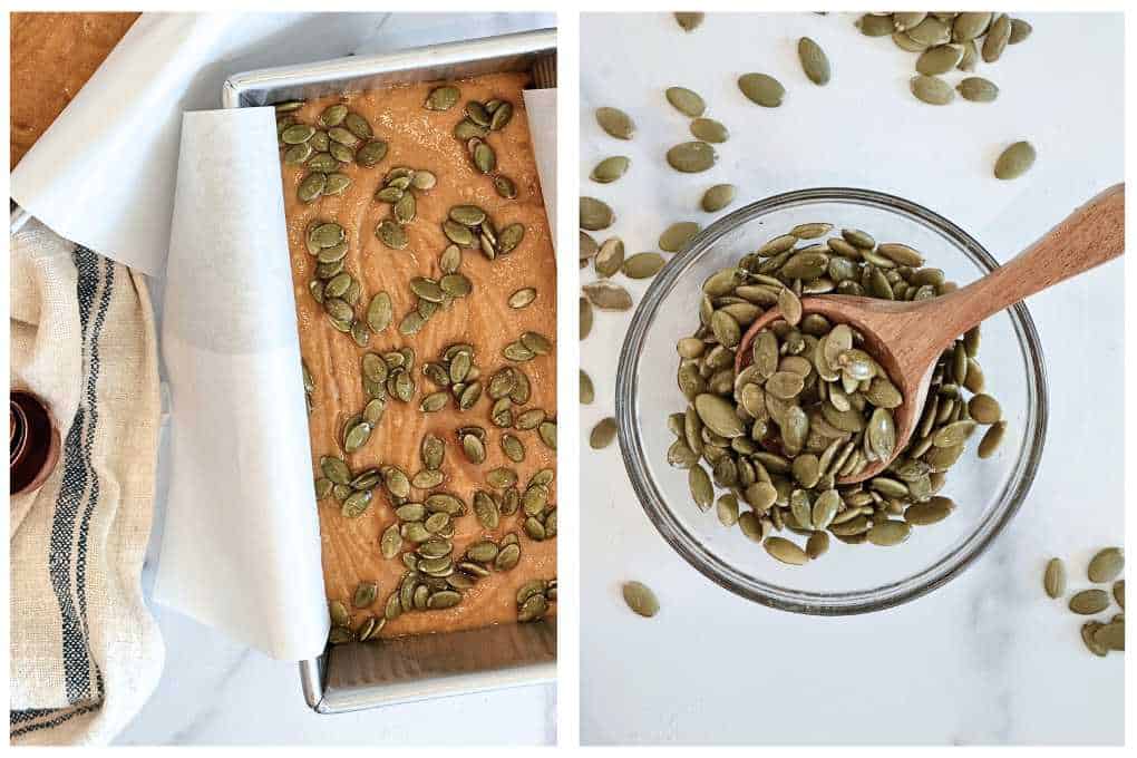 Pepita topping beside Starbucks pumpkin bread batter in loaf pan.