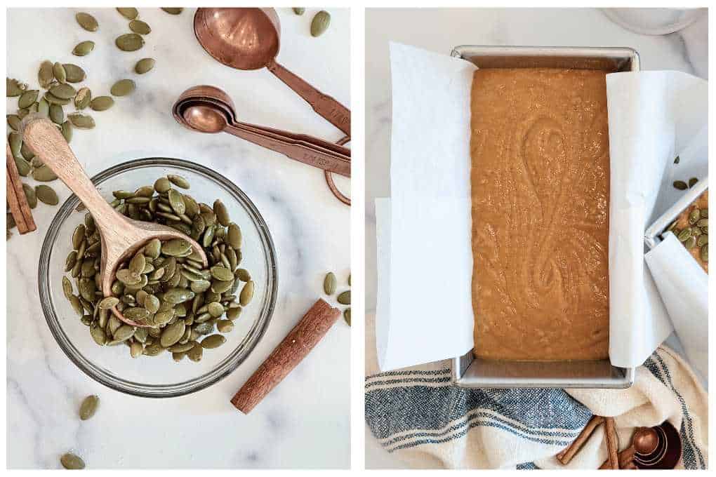 Collage with pepita topping on the left and Starbucks Pumpkin bread batter in a loaf pan on the right.