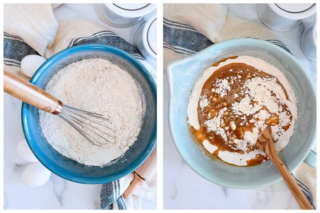 Collage with dry ingredients for pumpkin bread on the left and wet and dry ingredients in a bowl on the right.